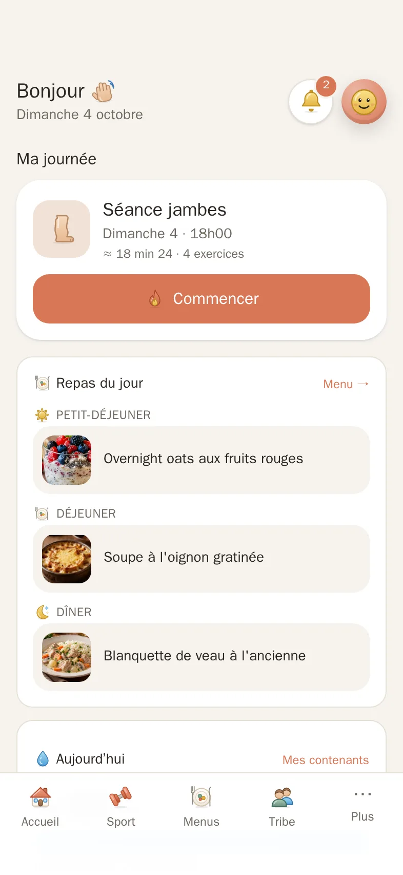 Tableau de bord de Novio sur téléphone : séance du jour et repas