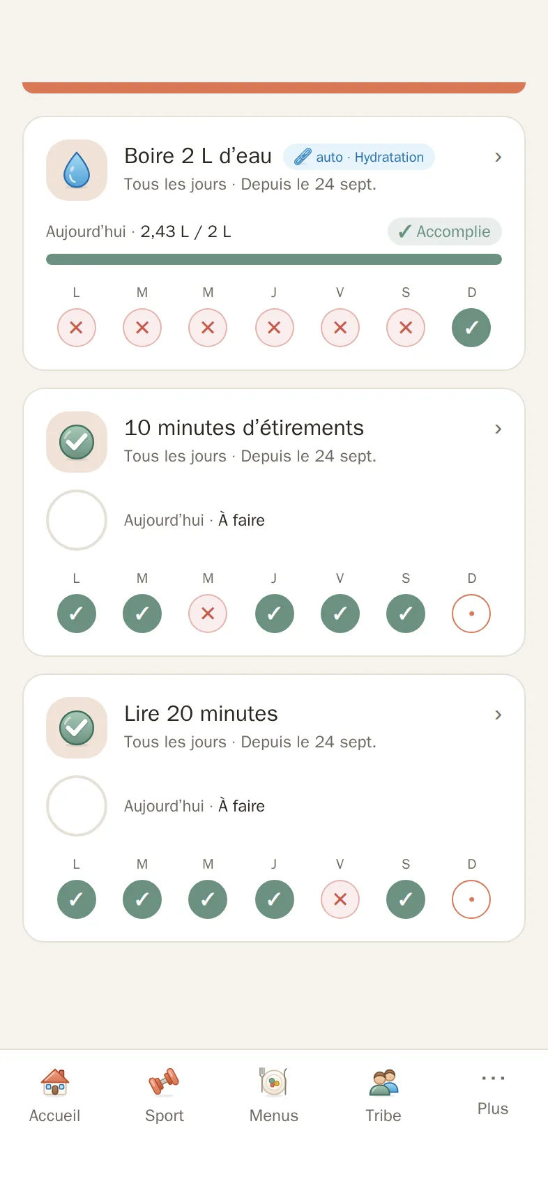 Suivi des habitudes de la semaine dans Novio