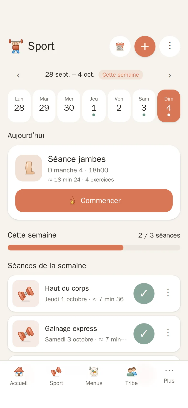 Planning des séances de sport dans Novio