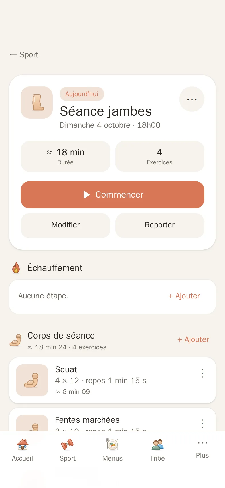 Séance de sport composée par blocs dans Novio