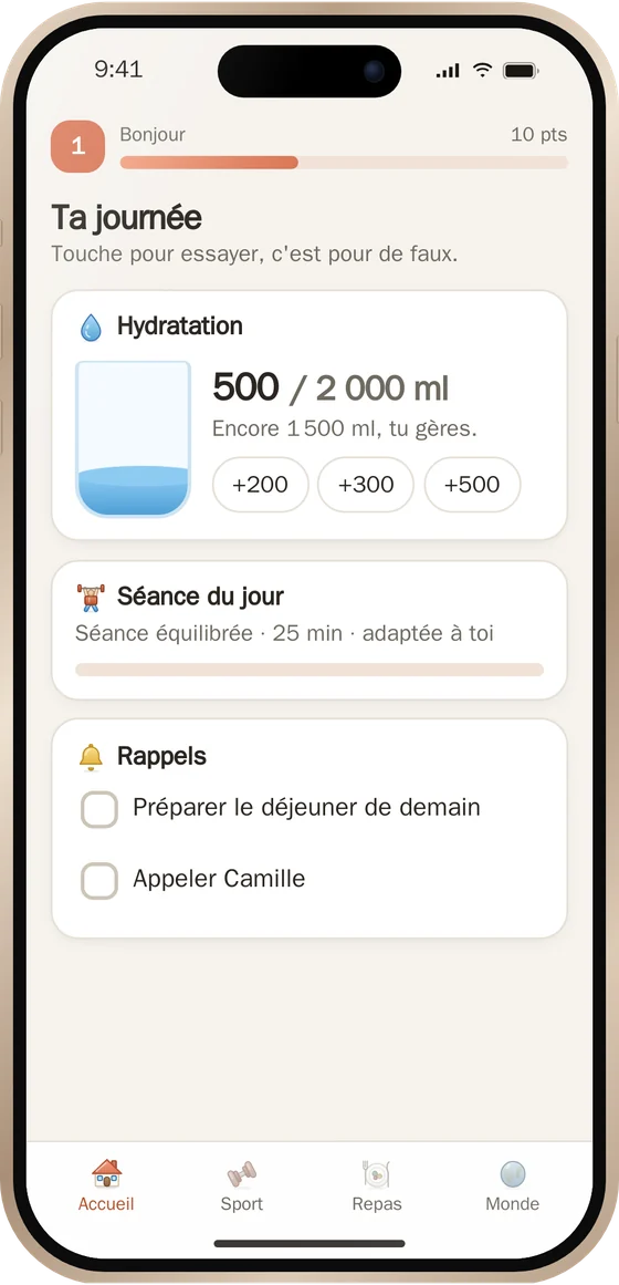 Novio sur téléphone : l’écran « Ta journée » avec l’hydratation, la séance du jour et les rappels